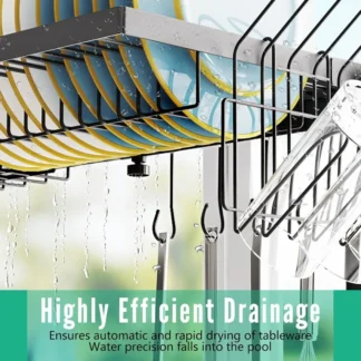 Estante para secar platos sobre el fregadero, estante para platos grande ajustable (largo y altura), escurridor de platos de acero inoxidable de 2 niveles y 4 cestas