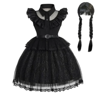 Vestido negro de Halloween para niña, nuevo miércoles Adams, mangas voladoras, cuello, cinturón de malla, empalme, vestido de princesa Cosplay de moda