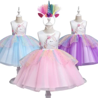 Vestido de verano de unicornio arcoíris con flores bordadas para niña, estilo de volantes, vestido de fiesta de actuación de caballo de tul colorido