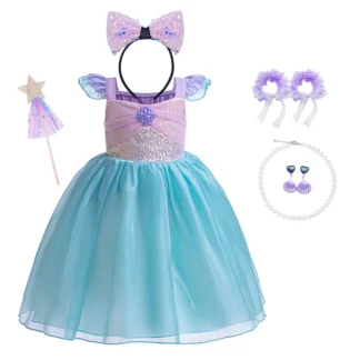 Vestido de princesa sirena 2025, novedad de verano, estilo, hoja de loto, manga corta, ajustado, franjas de diferente Color, vestido de princesa, vestido de actuación de 2 a 8 años