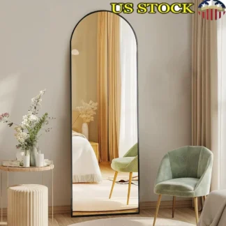 Soporte de espejo de longitud completa arqueado, cuerpo de suelo, marco de aluminio, colgante de pared inclinado moderno para el hogar, vestidor, dormitorio, sala de estar