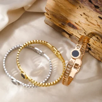 PAXA-pulsera de acero inoxidable con números romanos para mujer, brazalete chapado en oro con concha negra, joyería de lujo, regalos