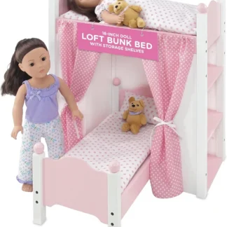 Litera y camas tipo loft para muñecas de 18 pulgadas | Litera para muñeca bebé con estantes de almacenamiento, juegos de cama y escalera, mini muebles de juguete para niños