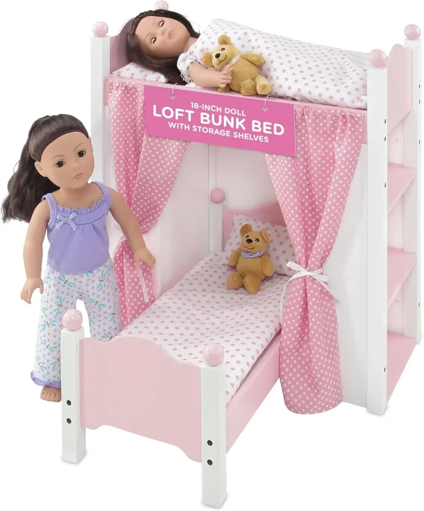 Litera y camas tipo loft para muñecas de 18 pulgadas | Litera para muñeca bebé con estantes de almacenamiento, juegos de cama y escalera, mini muebles de juguete para niños
