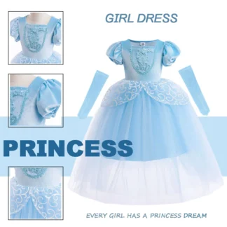 Vestido de princesa Cenicienta para niña, vestido de baile de princesa de encaje con mangas abullonadas, vestido hinchado de Cenicienta, disfraz de Halloween, regalo de cumpleaños