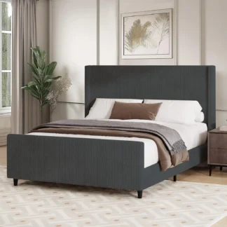 Marco de cama con plataforma tapizada de pana tamaño Queen con cabecero capitoné de 50,7 pulgadas y pie de cama de 24,4 pulgadas, No requiere somier,