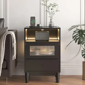 Mesita de noche negra con estación de carga, mesa auxiliar con cajones de vidrio, mesita de noche con luces LED, mesitas de noche de madera para dormitorio