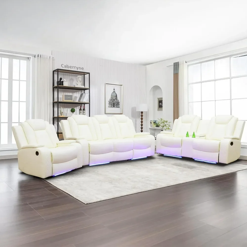 Juego de sofás reclinables, sofá reclinable de cuero con puerto USB/cargador inalámbrico/consola de almacenamiento/portavasos, sofá reclinable para sala de estar