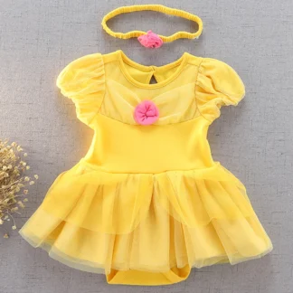 Conjunto de traje de cumpleaños para niña, Body de manga corta, vestido de princesa con diadema, ropa Floral 3D amarilla, 3-18M
