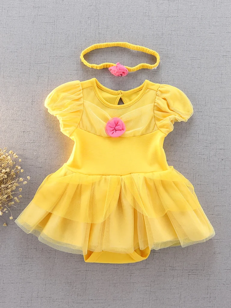 Conjunto de traje de cumpleaños para niña, Body de manga corta, vestido de princesa con diadema, ropa Floral 3D amarilla, 3-18M