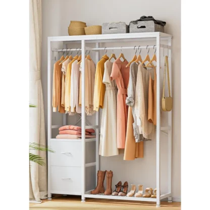 Perchero, Perchero resistente para colgar ropa, Perchero industrial para ropa con estantes, 2 cajones de tela