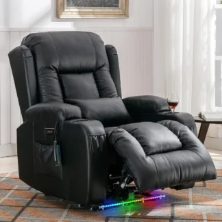 Silla reclinable eléctrica con luz LED: sillón reclinable de cine en casa relleno de piel sintética con calor de masaje/almohada lumbar/USB