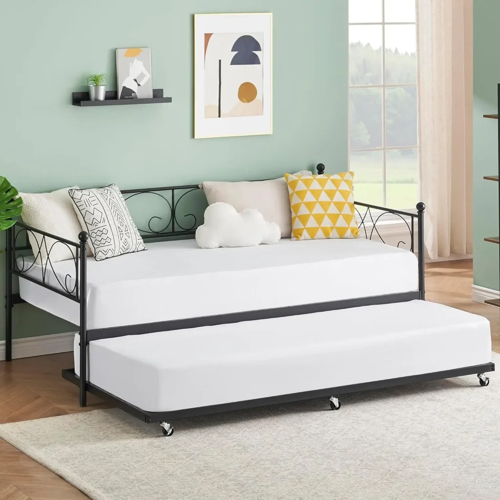 Cama de día doble con Trundle, cama doble de Metal con Trundle, cama de día con marco de cama extraíble, sofá de soporte de listón de acero