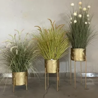 Estante de hierro dorado moderno para plantas, juego de cubo de flores en maceta verde de tres piezas, diseño cóncavo, Soporte redondo para macetas