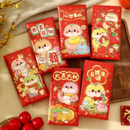 6 uds Feliz Año Nuevo serpiente sobre rojo bendición china año de serpiente dinero sobre Festival de Primavera de HongBao