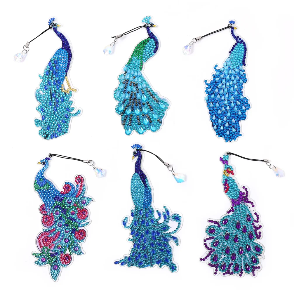 Marcapáginas de bordado de diamantes 5D para niños, manualidades DIY, patrón de pavo real, acrílico más grueso, cristal de un solo lado, pintura de diamantes, 6 piezas por juego