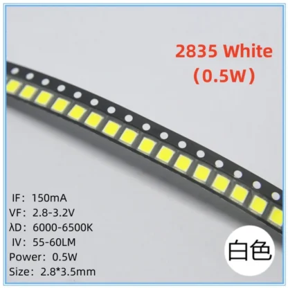 Lámpara LED de alta calidad, 100 piezas, SMD, 2835, 0,5 W, 6000-6500K, 2835 tamaño, diodo emisor de luz