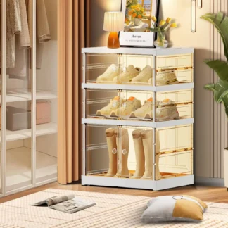 Zapatero plegable de 3 niveles para entrada de armario, 3-6 pares, cajas de almacenamiento de zapatos transparentes apilables, organizador con puerta pequeña de plástico