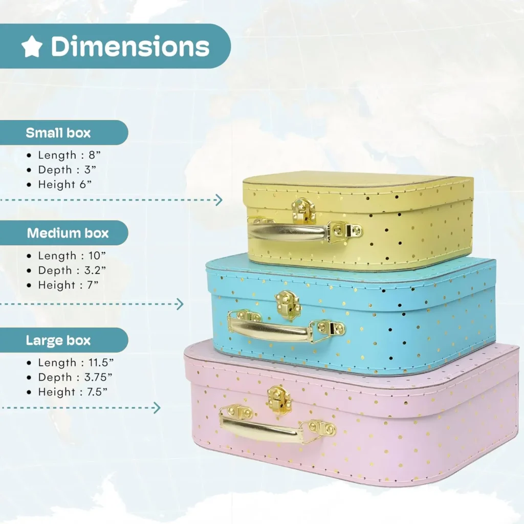 Cajas de almacenamiento decorativas para joyero, Juego de 3 Mini maleta con mapa del mundo, estilo de maleta de cartón con cierres de latón y Asa