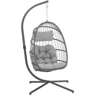 Yechen Silla columpio de huevo con soporte, silla colgante de mimbre para huevos para interior y exterior, dormitorio, patio, cesta colgante, gris