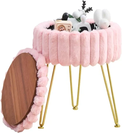 Taburete redondo de almacenamiento para tocador, taburete moderno con patas de Metal, tapizado, acolchado para asientos adicionales, mesa lateral pequeña
