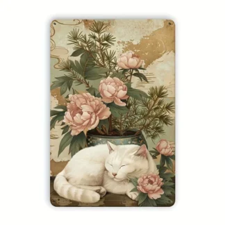 Decoración de pared de hierro forjado con peonía y gato Vintage, lata metálica de 8x12 pulgadas, decoración para cafetería y Bar familiar, decoración para interiores y exteriores