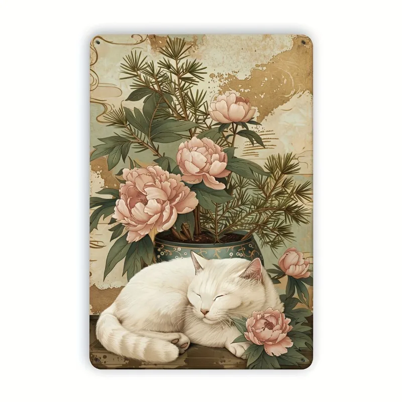 Decoración de pared de hierro forjado con peonía y gato Vintage, lata metálica de 8x12 pulgadas, decoración para cafetería y Bar familiar, decoración para interiores y exteriores
