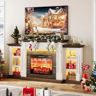 Chimenea eléctrica de 70" con repisa y gabinetes, soporte de TV para sala de estar, dormitorio, luz LED, envolvente de piedra apilada