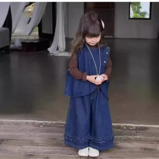 Traje de ropa para niña, trajes vaqueros de Corea del Sur para niñas, primavera 2025, nuevo estilo extranjero, pantalones sueltos de pierna ancha, conjunto de 2 piezas