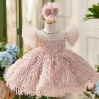 Vestido de princesa con lentejuelas y borlas para niños, vestido de princesa con tachuelas de malla, color rosa, novedad de 2024