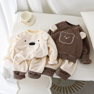 Pijamas gruesos y cálidos de lana para niños y niñas, conjunto de ropa con cuello redondo y oso de dibujos animados, otoño e invierno, 2024