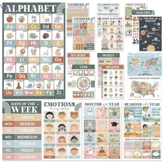 18 carteles educativos bohemios modernos para niños en edad preescolar, gráficos de carteles laminados de aprendizaje pre-k y jardín de infantes para niños pequeños