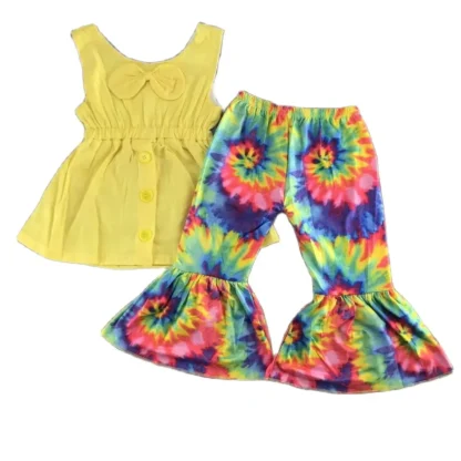 Traje de pantalones de campana amarilla para niñas, ropa para niños, tops, pantalones de campana, ropa de boutique para niñas pequeñas al aire libre, algodón