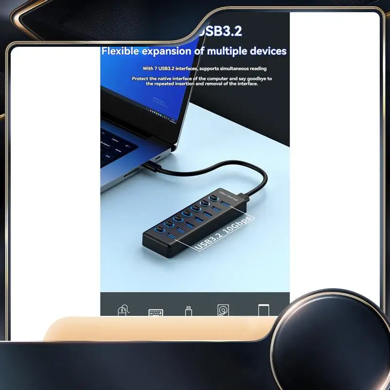 HUB USB3.2 Gen2 de 7 puertos, concentrador USB 3,0 de 10Gbps con indicador LED de Control de interruptor Individual con adaptador de corriente, enchufe estadounidense-N34R