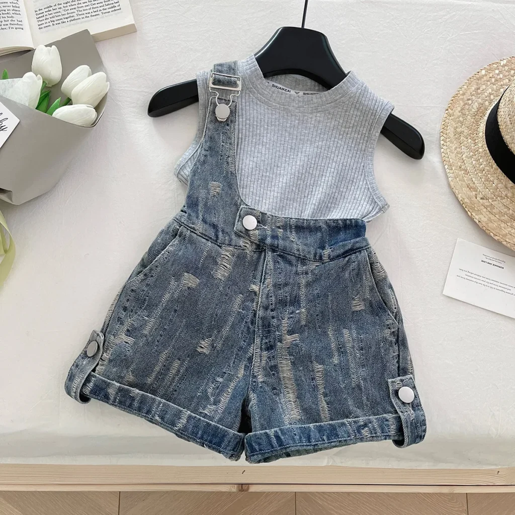 Conjuntos de ropa para niños, camiseta sin mangas de punto + monos vaqueros, conjuntos de 2 uds., ropa para niñas, ropa de Boutique para niños de 2 a 7 años