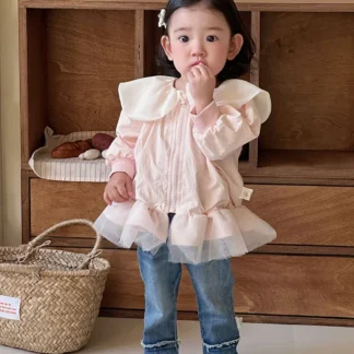 Chaqueta para niñas, primavera 2025, nueva moda coreana para bebés, abrigo con cuello vuelto de manga larga para niñas dulces, moda