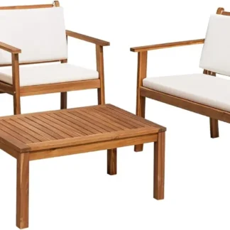 Flamaker Muebles de Jardín Juego de Sofá de Conversación de Madera de Acacia para Exteriores de 4 Piezas con Cojines de Mesa Cubierta de Porche Balcón Patio trasero