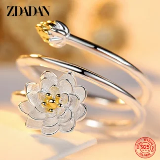 ZDADAN-Anillo de loto con dije de Plata de Ley 925 para mujer, anillos de dedo ajustables abiertos a la moda, regalo de joyería