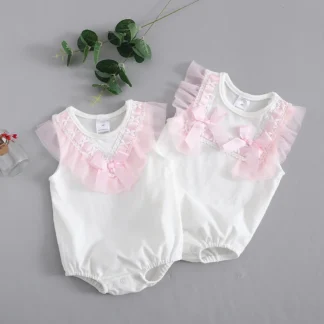 Mono de algodón blanco con lazo de encaje para niña recién nacida, ropa de verano