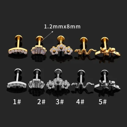 1 pieza G23 Piercing de titanio Labret Stud pendiente de tuerca de hilo interno Helix Piercing flor de circón corona labio Stud joyería gótica para el cuerpo