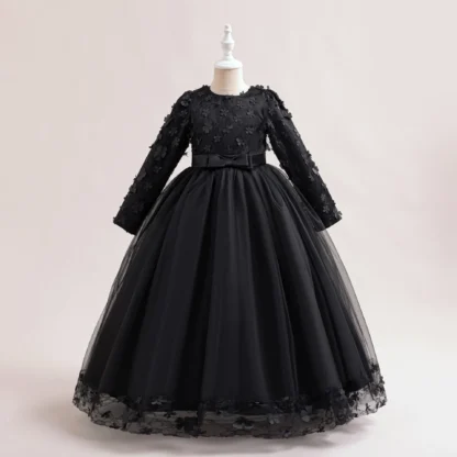 Vestido de dama de honor de flores de manga larga para niñas, disfraz de Navidad para niños, vestidos de princesa con lazo de encaje para niñas, vestido de boda para fiesta