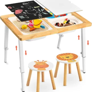 Mesa sensorial y taburetes para niños pequeños 1-5, mesa para niños con 3 contenedores de tapas grabables, mesa de juego y sillas de altura ajustable