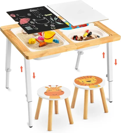 Mesa sensorial y taburetes para niños pequeños 1-5, mesa para niños con 3 contenedores de tapas grabables, mesa de juego y sillas de altura ajustable