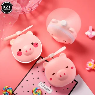 Kawaii Piggy-Mini ventilador de mano recargable por USB, luz nocturna portátil con espejo, ventiladores silenciosos