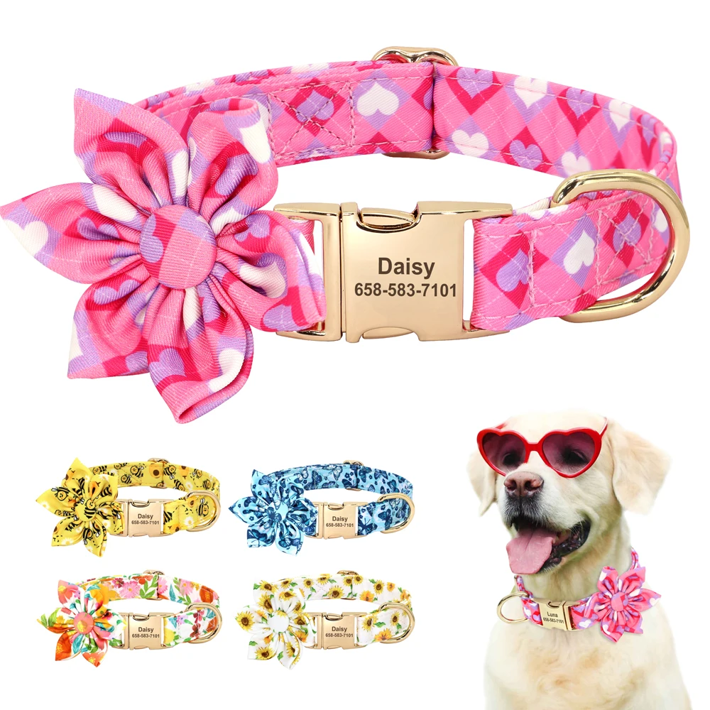 Collar de nailon personalizado para perro, accesorio con estampado de flores, identificación de mascotas, antipérdida para perros pequeños y grandes