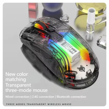 Ratón para juegos RGB Bluetooth conexión triple modo carcasa transparente Esports ratón inalámbrico con cable para PC/Mac ordenador y portátil