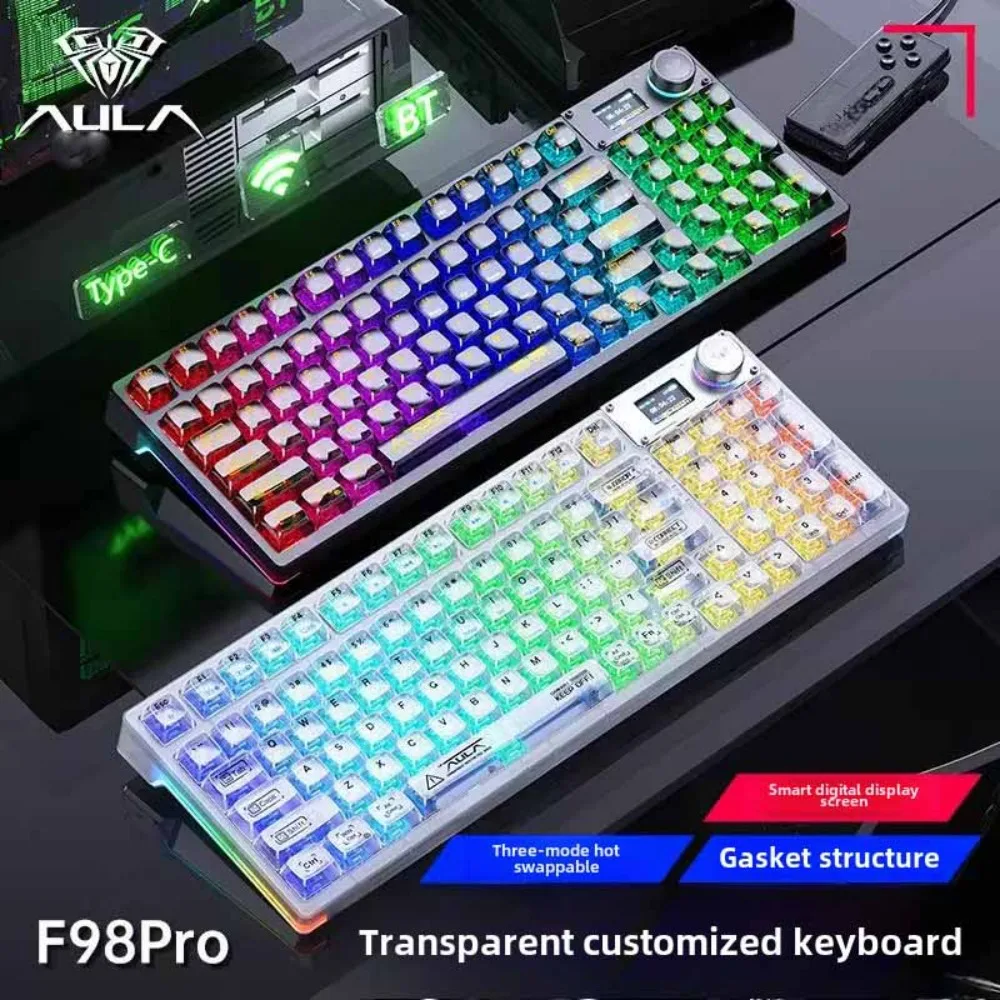 Teclado mecánico AULA F98 Pro para videojuegos BT5.0/2,4G/con cable transparente Pbt Keycap RGB teclado inalámbrico intercambiable en caliente