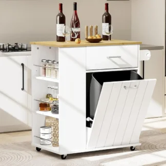 Isla de cocina rodante con almacenamiento de cubo de basura, isla de cocina portátil con ruedas y estante para especias, gabinete de cubo de basura inclinable