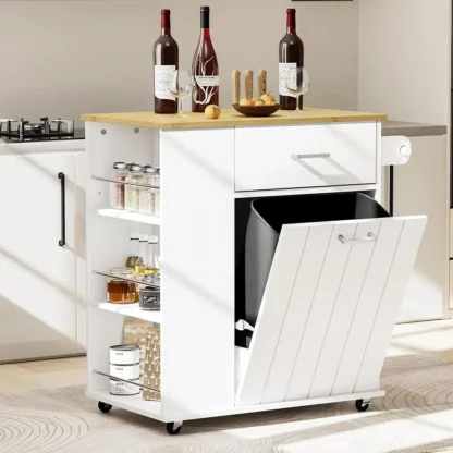 Isla de cocina rodante con almacenamiento de cubo de basura, isla de cocina portátil con ruedas y estante para especias, gabinete de cubo de basura inclinable