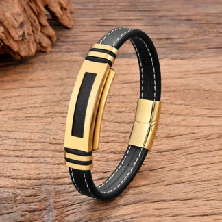 Pulsera hueca de acero inoxidable para hombre, accesorios de joyería de alta calidad, cuerda de cuero trenzado negro, estilo Hip Hop, nuevo, 2024